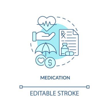 İlaç turkuvazı konsept ikonu. Acı dindirme. Bakımevi, ince çizgi çizimi gibi soyut fikirler sunuyordu. İzole bir taslak çizim. Düzenlenebilir felç. Arial, Myriad Pro-Kalın yazı tipleri