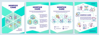 Bakım evi nane yeşili broşür şürü. Tıbbi program. Çizgisel simgeli broşür tasarımı. Sunum için 4 vektör düzeni, yıllık raporlar. Arial-Black, Kullanılan Myriad Pro-Normal yazı tipleri