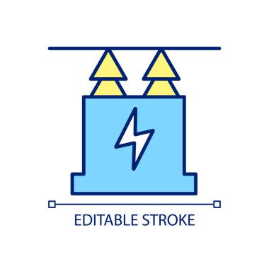 Güç transformatörü mavi ve sarı RGB renk simgesi. Elektrik santrali ekipmanları üretiliyor. İzole vektör çizimi. Basit bir çizgi çizimi. Düzenlenebilir felç. Kullanılan Arial yazı tipi