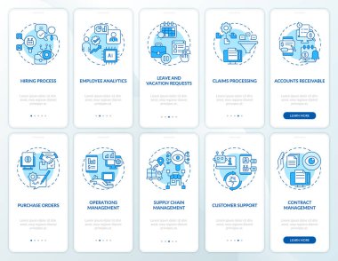 İş ve bankacılık otomasyonu mobil uygulama ekranında mavi ekranda. Çizgisel kavramlarla dolu 5 aşamalı grafik talimatları. UI, UX, GUI şablonu. Kullanılan sayısız Pro-Kalın, Düzenli yazı tipleri