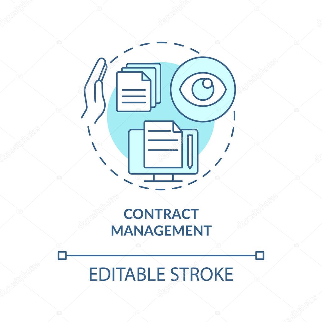 Contract management turquoise concept icon. Examples of automation in business abstract idea thin line illustration. Isolated outline drawing. Editable stroke. Arial, Myriad Pro-Bold fonts used