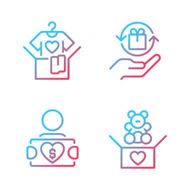 Kullanılmış ürün gradyan doğrusal vektör simgeleri bağışlanıyor. İkinci el kıyafetler. Hayırsever grup. Yetimhaneye oyuncak gönder. İnce çizgili sembol demetleri dizayn eder. İzole edilmiş taslak illüstrasyon koleksiyonu