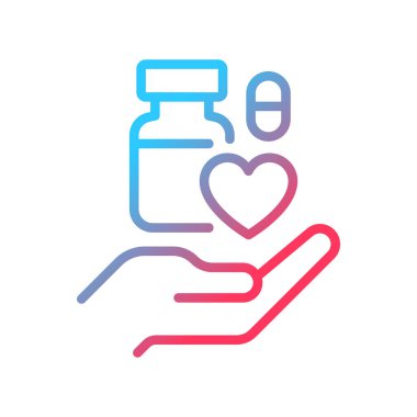 Tıbbi bağış gradyan doğrusal vektör simgesi. Kullanılmamış ilaç imhası. Geri getirilen ilaçları bağışlamak. İlaç topluyordum. İnce çizgi renk sembolü. Modern tarz pictogram. Vektör izole çizimi