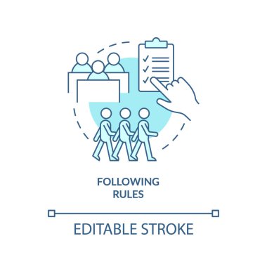 Takip eden kurallar turkuaz konsept simgesi. Tutarlılık hissini geliştir soyut fikir ince çizgi çizimi. Öz disiplin. İzole bir taslak çizim. Düzenlenebilir felç. Arial, Myriad Pro-Kalın yazı tipleri