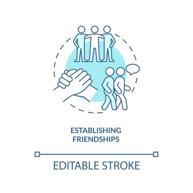 Arkadaşlık kurma turkuvaz konsept simgesi. Birlikte vakit geçirmek soyut fikir ince çizgi çizimi. İzole bir taslak çizim. Düzenlenebilir felç. Arial, Myriad Pro-Kalın yazı tipleri