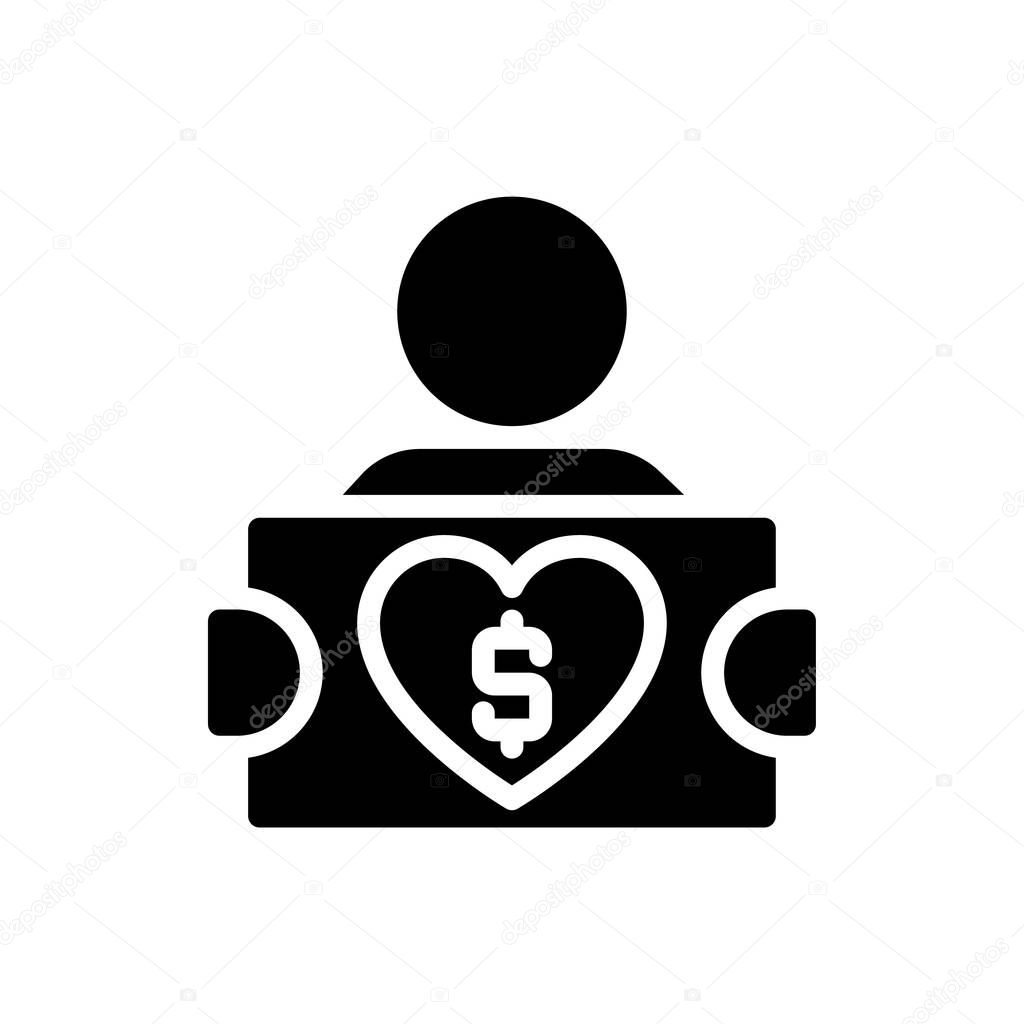 Fundraiser black glyph icon. Soliciting potential donors. Raising money for charity campaign. Asking for donations. Silhouette symbol on white space. Solid pictogram. Vector isolated illustration
