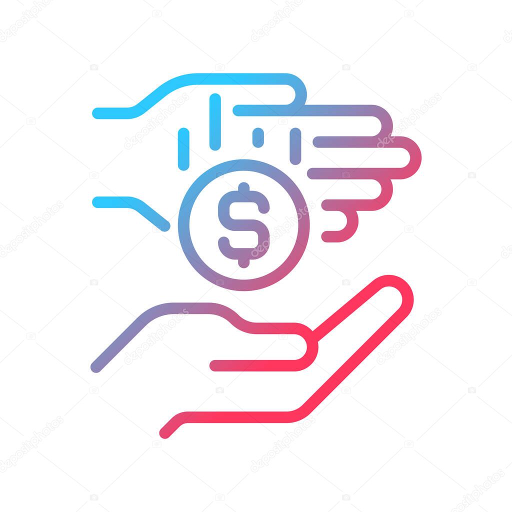 Micro-donation gradient linear vector icon. Microphilanthropy. Gifting small donations, gifts. Charitable cause. Thin line color symbol. Modern style pictogram. Vector isolated outline drawing