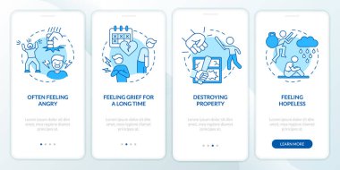 Mobil uygulama ekranında mavi belirtiler var. Doğrusal kavramlarla dolu dört adımda grafik talimatları uygula. UI, UX, GUI şablonu. Kullanılan sayısız Pro-Kalın, Düzenli yazı tipleri