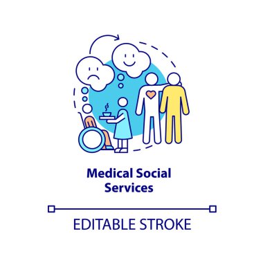 Tıbbi Sosyal Hizmetler konsepti ikonu. Ağır hasta hastaların desteği. Bakım evi fikri soyut ince çizgi çizimi. İzole bir taslak çizim. Düzenlenebilir felç. Arial, Myriad Pro-Kalın yazı tipleri