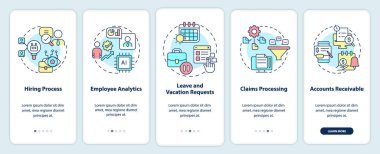 Mobil uygulama ekranındaki iş dünyasındaki otomasyon örnekleri. Çizgisel kavramlarla dolu 5 aşamalı grafik talimatları. UI, UX, GUI şablonu. Kullanılan sayısız Pro-Kalın, Düzenli yazı tipleri