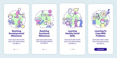 Zihinsel olarak sağlıklı çocuk mobil uygulama ekranında. Yaşa özel görevler, doğrusal kavramları olan dört aşamalı grafik talimatları sayfalarında dolaşır. UI, UX, GUI şablonu. Kullanılan sayısız Pro-Kalın, Düzenli yazı tipleri