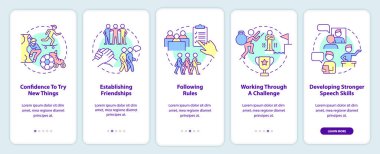 Mobil uygulama ekranında sağlıklı çocuk gelişimi belirtileri var. Çizgisel kavramlarla dolu 5 aşamalı grafik talimatları. UI, UX, GUI şablonu. Kullanılan sayısız Pro-Kalın, Düzenli yazı tipleri