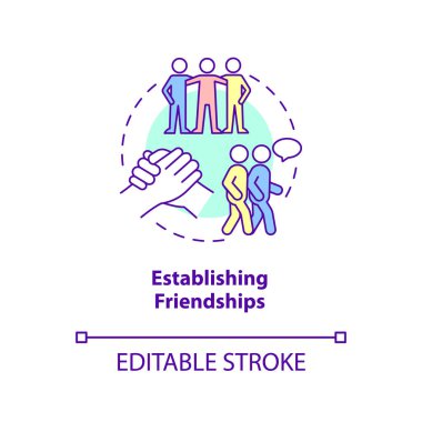 Arkadaşlık konsepti ikonu oluşturuluyor. Başarılı çocuk gelişimi, soyut fikir çizelgesini ince çizgi illüstrasyonuyla imzaladı. İzole bir taslak çizim. Düzenlenebilir felç. Arial, Myriad Pro-Kalın yazı tipleri