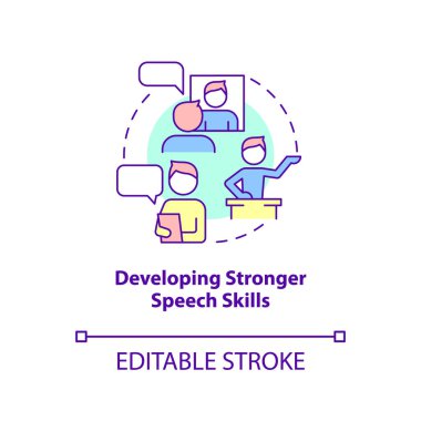 Daha güçlü konuşma becerileri konsepti ikonu geliştiriyorum. Başarılı çocuk gelişimi, soyut fikir çizelgesini ince çizgi illüstrasyonuyla imzaladı. İzole bir taslak çizim. Düzenlenebilir felç. Arial, Myriad Pro-Kalın yazı tipleri