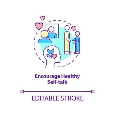Sağlıklı kendi kendine konuşma konsepti ikonunu teşvik et. Çocukların zihinsel dayanıklılığı soyut fikir ince çizgili illüstrasyon. İzole bir taslak çizim. Düzenlenebilir felç. Arial, Myriad Pro-Kalın yazı tipleri