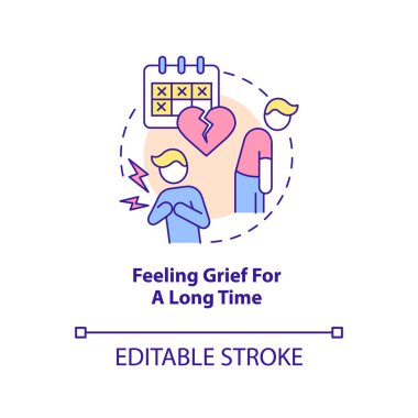 Uzun süreli konsept ikonu için üzüntü hissediyorum. Soyut fikir ince çizgilerindeki zihinsel sorunlara dair uyarı işareti. İzole bir taslak çizim. Düzenlenebilir felç. Arial, Myriad Pro-Kalın yazı tipleri