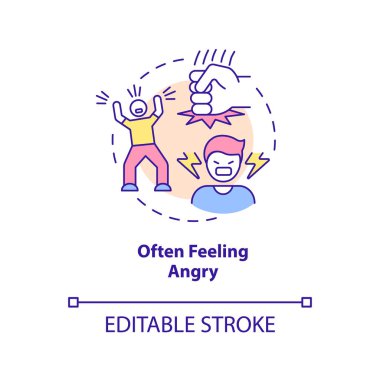 Genellikle kızgın konsept ikonu gibi hissederim. Soyut fikir ince çizgili resimlerde zihinsel sorunlara dair uyarı işareti. İzole bir taslak çizim. Düzenlenebilir felç. Arial, Myriad Pro-Kalın yazı tipleri