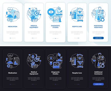 Gece ve gündüz bakım hizmetleri mobil uygulama ekranında. Çizgisel kavramlarla dolu 5 aşamalı grafik talimatları. UI, UX, GUI şablonu. Kullanılan sayısız Pro-Kalın, Düzenli yazı tipleri