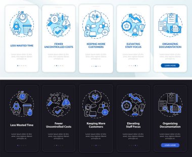 Mobil uygulama ekranında gece gündüz BPA 'nın faydaları. Çizgisel kavramlarla dolu 5 aşamalı grafik talimatları. UI, UX, GUI şablonu. Kullanılan sayısız Pro-Kalın, Düzenli yazı tipleri