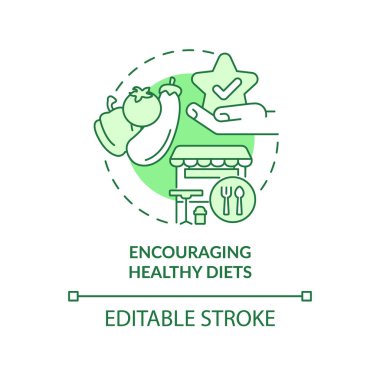Sağlıklı beslenmeyi teşvik eden yeşil kavram ikonu. Vatandaşların sağlık hizmetleri. Şehir konforu soyut fikir ince çizgi çizimi. İzole bir taslak çizim. Düzenlenebilir felç. Arial, Myriad Pro-Kalın yazı tipleri
