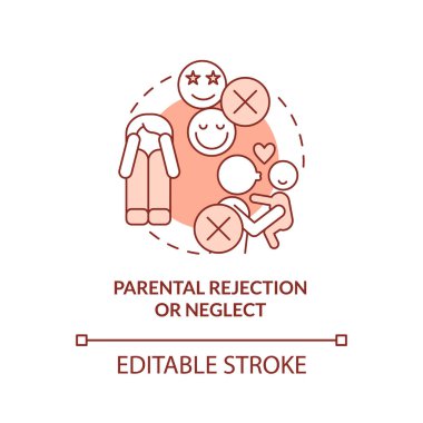 Ebeveynlerin reddedilmesi, ihmal edilmiş kırmızı kavram ikonu. Aşk yoksunluğu. Risk faktörleri soyut fikir ince çizgi çizimi. İzole bir taslak çizim. Düzenlenebilir felç. Arial, Myriad Pro-Kalın yazı tipleri