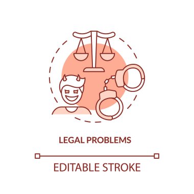 Yasal sorunlar kırmızı konsept ikonu. Yasaları çiğnemek. Davranış bozukluğunun etkileri soyut fikir ince çizgi çizimi. İzole bir taslak çizim. Düzenlenebilir felç. Arial, Myriad Pro-Kalın yazı tipleri