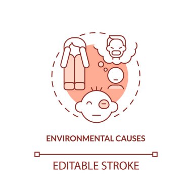Çevre kırmızı konsept ikonuna neden olur. Strass ve travma. Davranış bozukluğu soyut fikirlere ve ince çizgilere neden olur. İzole bir taslak çizim. Düzenlenebilir felç. Arial, Myriad Pro-Kalın yazı tipleri
