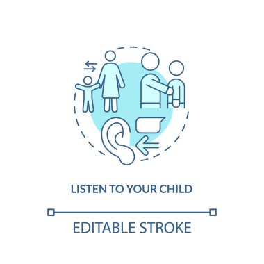 Çocuk turkuaz konsept ikonunu dinle. Ebeveynler için bahşiş. Düzensizliği yönetmek soyut fikir ince çizgi çizimi. İzole bir taslak çizim. Düzenlenebilir felç. Arial, Myriad Pro-Kalın yazı tipleri