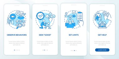 Mobil uygulama ekranında mavi öğretmenin davranış bozukluğu ipuçları. Doğrusal kavramlarla dolu dört adımda grafik talimatları uygula. UI, UX, GUI şablonu. Kullanılan sayısız Pro-Kalın, Düzenli yazı tipleri