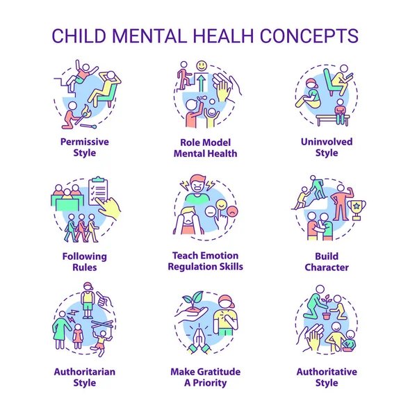 Іконки Дитячого Психічного Здоров Встановлені Підліткове Емоційне Здоров Тонкі Кольорові — стоковий вектор