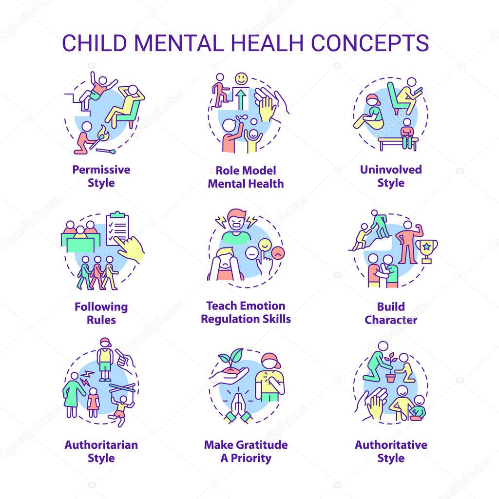 Child mental health concept icons set. Teen emotional health idea thin line color illustrations. Parenting styles. Isolated symbols. Editable stroke. Roboto-Medium, Myriad Pro-Bold fonts used