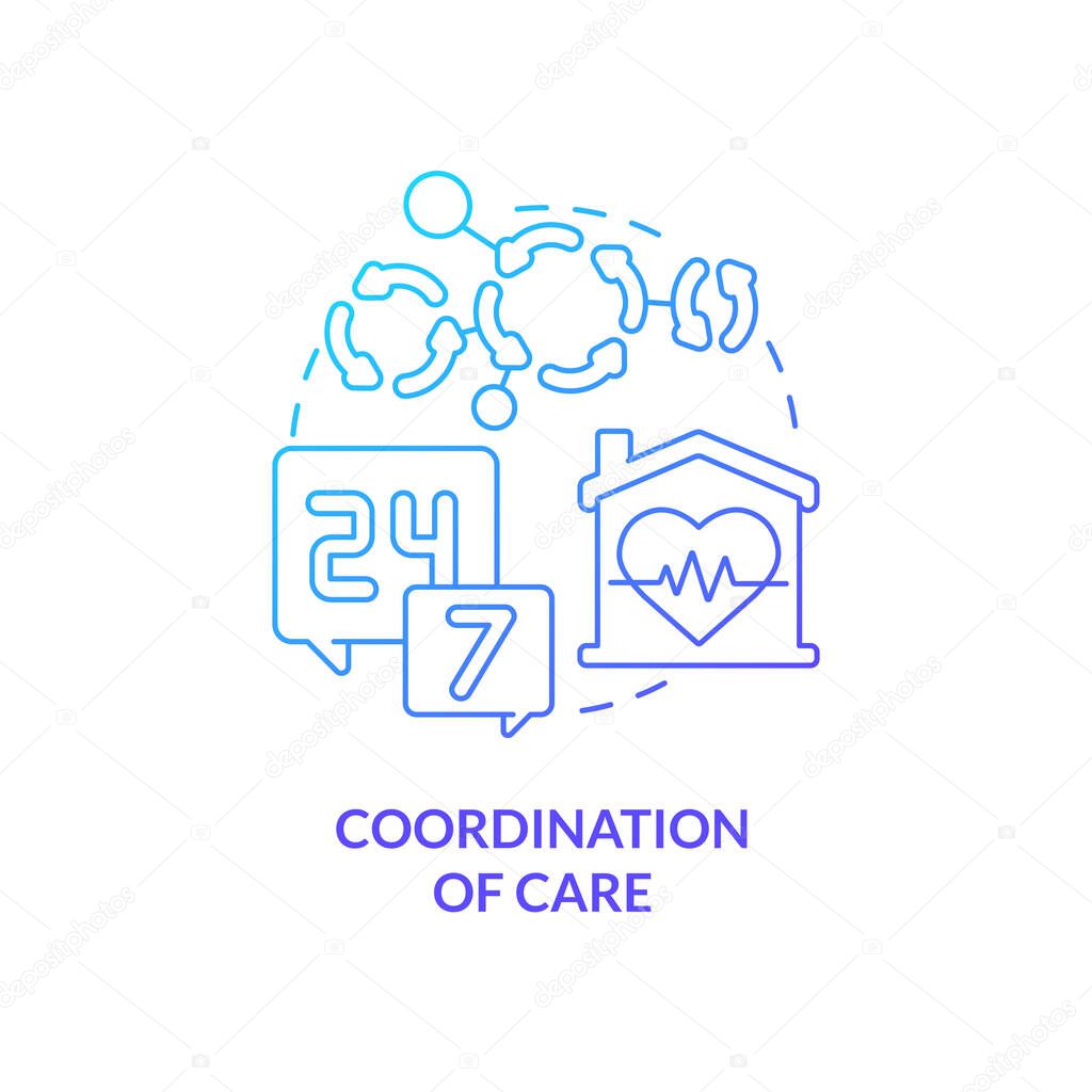 Coordination of care blue gradient concept icon. Continual help. Hospice service for patient abstract idea thin line illustration. Isolated outline drawing. Myriad Pro-Bold fonts used