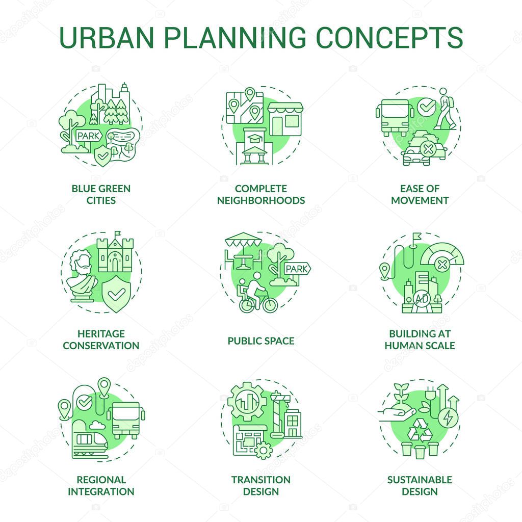 Urban planning green concept icons set. City environment. Town development process idea thin line color illustrations. Isolated symbols. Editable stroke. Roboto-Medium, Myriad Pro-Bold fonts used