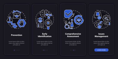 Palyatif bakım gece modu mobil uygulama ekranında. Caregiving walkthrough 4 step grafik talimatlar sayfaları doğrusal kavramlar. UI, UX, GUI şablonu. Kullanılan sayısız Pro-Kalın, Düzenli yazı tipleri