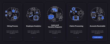 Mobil uygulama ekranında gece modundaki iş örneklerindeki otomasyon. Çizgisel kavramlarla dolu 5 aşamalı grafik talimatları. UI, UX, GUI şablonu. Kullanılan sayısız Pro-Kalın, Düzenli yazı tipleri