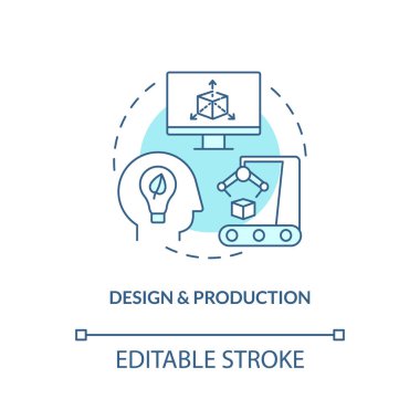 Tasarım ve üretim turkuaz konsept ikonu. Sürdürülebilir üretme fikri soyut ince çizgi çizimi. İzole bir taslak çizim. Düzenlenebilir felç. Arial, Myriad Pro-Kalın yazı tipleri