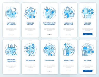 Dairesel ekonomi, mobil uygulama ekran seti üzerinde mavi uygulamalar yapıyor. Çizgisel kavramları olan 5 adımlık grafik talimatları geri dönüştür. UI, UX, GUI şablonu. Kullanılan sayısız Pro-Kalın, Düzenli yazı tipleri