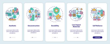 Sürdürülebilir şehir tasarımı mobil uygulama ekranında. Şehir planlama 5 aşamalı grafik talimatları sayfaları doğrusal kavramlarla. UI, UX, GUI şablonu. Kullanılan sayısız Pro-Kalın, Düzenli yazı tipleri