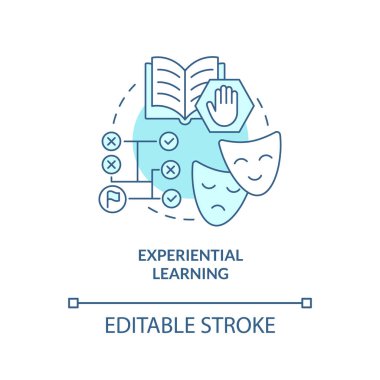 Deneysel öğrenme turkuaz konsept simgesi. Yetişkin eğitim teorileri ve soyut fikir ince çizgi çizimleri oluşturur. İzole bir taslak çizim. Düzenlenebilir felç. Arial, Myriad Pro-Kalın yazı tipleri