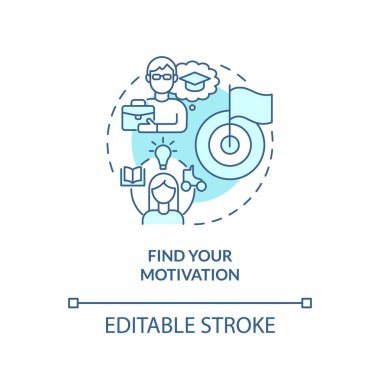 Motivasyon turkuaz konsept ikonunuzu bulun. Kişisel çıkarlar. Hayat boyu soyut fikirler öğrenme ince çizgi çizimi. İzole bir taslak çizim. Düzenlenebilir felç. Arial, Myriad Pro-Kalın yazı tipleri