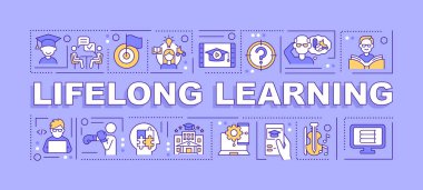 Ömür boyu öğrenme, mor bayrağı kavramsallaştırır. Devam eden eğitim. Renk arkaplanında simgeleri olan bilgi grafikleri. İzole tipografi. Metinli vektör illüstrasyonu. Kullanılan Arial-Black yazı tipi