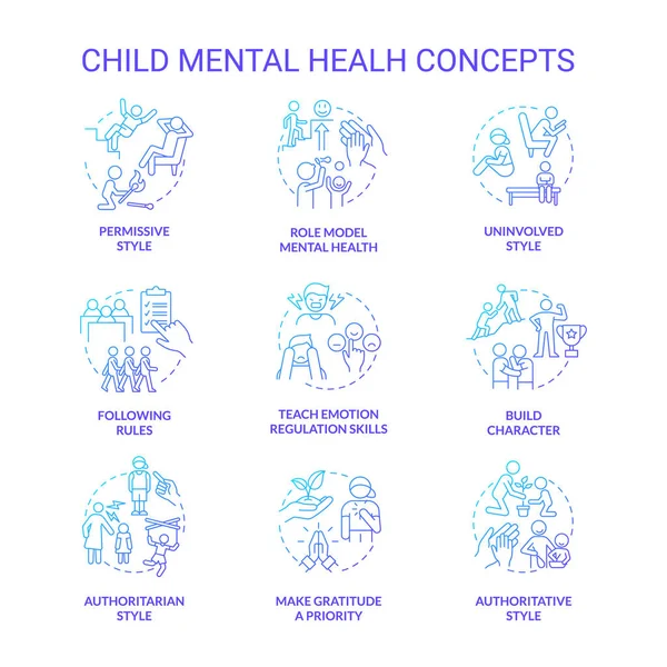 Juego Iconos Concepto Gradiente Azul Salud Mental Infantil Construir Ilustraciones — Vector de stock