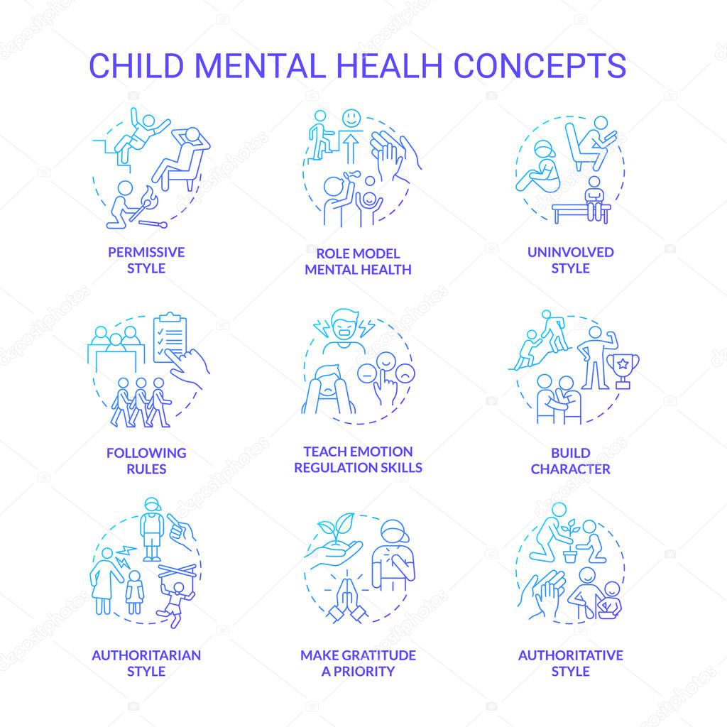Child mental health blue gradient concept icons set. Build character idea thin line color illustrations. Teach emotion regulation skills. Isolated symbols. Roboto-Medium, Myriad Pro-Bold fonts used