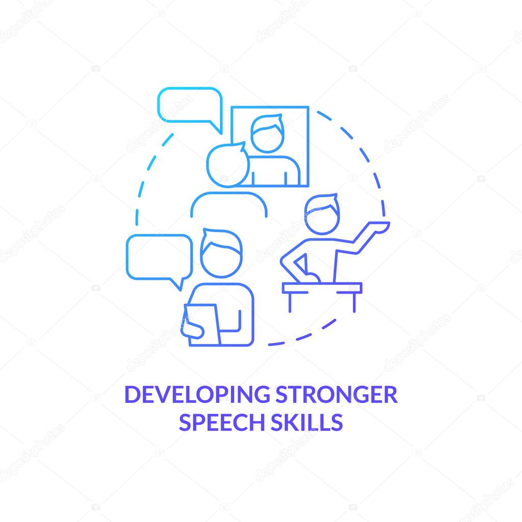 Developing stronger speech skills blue gradient concept icon. Child development abstract idea thin line illustration. Public speaking techniques. Isolated outline drawing. Myriad Pro-Bold font used
