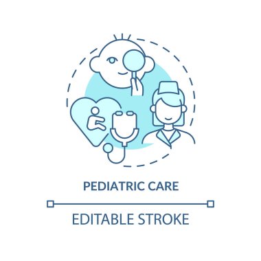 Pediatrik bakım turkuaz konsept ikonu. Çocuk tedavisi. Tıp merkezi hizmeti soyut fikir ince çizgi çizimi. İzole bir taslak çizim. Düzenlenebilir felç. Arial, Myriad Pro-Kalın yazı tipleri