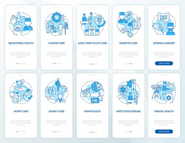 Medikal merkezin mavi servisi mobil uygulama ekranında. Sağlık hizmetleri 5 aşamalı grafik talimatları sayfaları doğrusal kavramlarla birlikte. UI, UX, GUI şablonu. Kullanılan sayısız Pro-Kalın, Düzenli yazı tipleri