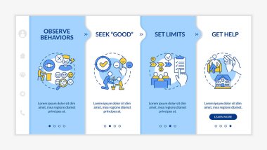 Öğretmen Mavi ve Beyaz 'ın güverte şablonu için davranış bozukluğu ipuçları. Doğrusal konsept simgeleriyle cevap veren mobil web sitesi. Web sayfasında 4 basamaklı ekranlar. Kullanılan Lato Kalın, Düzenli yazı tipleri