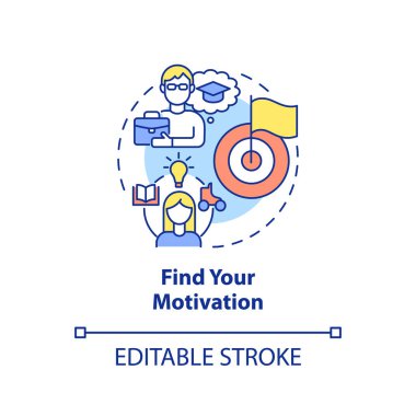 Motivasyon konsepti ikonunu bul. Kişisel çıkarlar. Ömür boyu soyut fikirlerin ince çizgi çizimlerini benimsemek. İzole bir taslak çizim. Düzenlenebilir felç. Arial, Myriad Pro-Kalın yazı tipleri