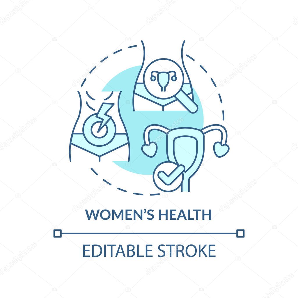 Women health turquoise concept icon. Gynecological care. Service of medical center abstract idea thin line illustration. Isolated outline drawing. Editable stroke. Arial, Myriad Pro-Bold fonts used