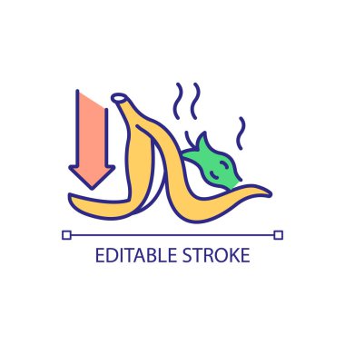 Gıda atığı RGB renk simgesini azalt. Besin ürünlerinin tepkili tüketimi. Organik çöp geri dönüşümü. İzole vektör çizimi. Basit bir çizgi çizimi. Düzenlenebilir felç. Kullanılan Arial yazı tipi